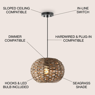 Isla 14" Farmhouse Coastal Rattan 180" Cord Plug-In or Hardwired LED Pendant - JONATHAN Y